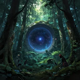 intergalactic stargate portal in the middle of a dense forest, with light shining through the trees and strange creatures lurking in the shadows by hiroshi nagai