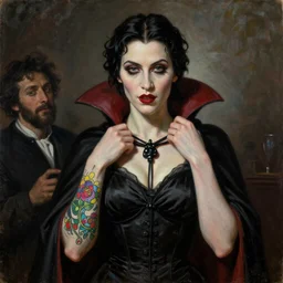 A beautiful painting of a lady vampire, colorful arm tattoo, victorian, dracula, ominous, oil on canvas, photorealism, alphonse mucha, caravaggio, irwin penn, high definition, soft light