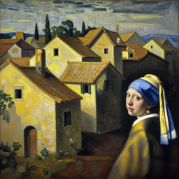 a painting of ancient roman village houses by yves tanguy and vermeer and botticelli, dramatic lighting, analogous complementary colour scheme, vivid colours
