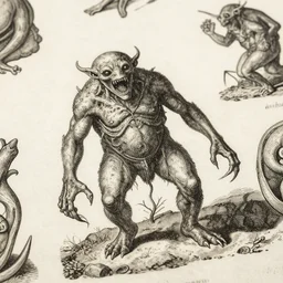 detailing reference sheet of lovecraftian ugly creatures in the style of copper plate etching by biologist