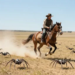 a film still from a western by james paick - a horseman gallops away from a swarm of metal spiders, dusty, vibrant, 5 0 mm lens, video game character and environment design, behance hd, sunset, dramatic lighting, cinematic, global illumination, trending on artstation, bloom