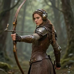 Female forest archer, retro-futuristic armor, beautiful detailed face, brown armor, DND, D&D, matte painting, retro futurism, artstation