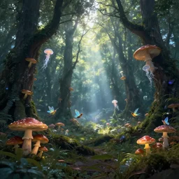 fairy forest, wisps, landscape, magical, surreal, light shafts, light diffusion, heaven, oasis, fungal, mushrooms, fairies, jellyfish