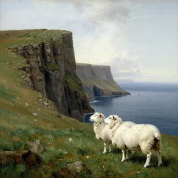 faroese landscape with a cliff on the left in the background, white sheep in the foreground looking at the cliff, by jmw turner