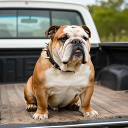 color digital photo of a bulldog wearing a big spiked collar, and sitting in the bed of an old pickup truck.