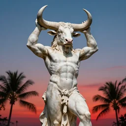 sculpture of moloch, digital art, classical art, sharp focus, clear sky, muscular bull headed man, tropical red sunset