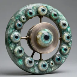 a wheel made of beryl, covered in eyes with a second wheel spinning within it. with tall and frightening rims, ultrarealistic