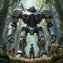 A small character standing before a giant mechanical robpt in the forest by Greg Rutkowski, Sung Choi, Mitchell Mohrhauser, Maciej Kuciara, Johnson Ting, Maxim Verehin, Peter Konig, final fantasy , 8k photorealistic, cinematic lighting, HD, high details, atmospheric,