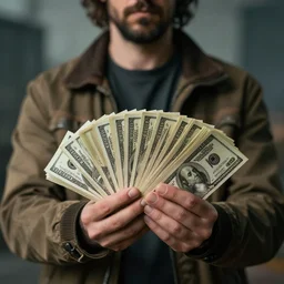 a man holding stacks of cash, Greg Rutkowski, Fallout 4 aesthetic