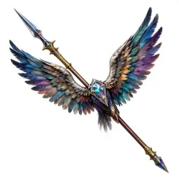 medieval weapon, long spear made of multicoloured feathered wings, prismatic, detailed drawing, magic the gathering, white background