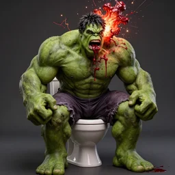 uhd hyperrealistic photorealisitc hyperdetailed detailed hulk head exploding, puking blood, screaming, sitting on the toilet with sparking circuits, studio lighting, by ayami kojima amano karol bak, greg hildebrandt and mark brooks