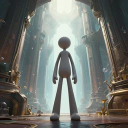 a stickman figure, abstract, low angle view, octane rendered, portal to a futuristic fantasy world, extremely detailed, sharp focus, wide view, full body shot, smooth, digital illustration, by, james jean, by rossdraws, frank franzzeta, sakimichan, mcbess, aphonse mucha