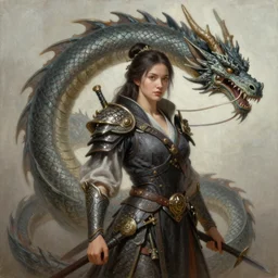 a woman in a costume with a dragon, an ultrafine detailed painting by Bastien Lecouffe-Deharme, featured on zbrush central, fantasy art, zbrush, detailed painting, ambient occlusion