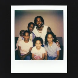 A wideshot of Kendrick Lamar and his family, 8K concept art, shot on Polaroid, 1980s, vivid, vintage