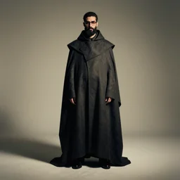 young ducktail bearded middle eastern man with wayfarer glasses wearing long futuristic highly detailed dark cloak designed by yohji yamamoto standing in a shadow of the soft, sense of mystery, muted colors, simple shapes, long shot, full shot, by bill henson, by gregory crewdson, golden ratio, perfect composition, dramatic, in vogue and gq editorial fashion photography, medium close - up ( mcu ), cannon ef 6 5 mm f / 2. 8