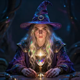 a mystical man with a goblet on the table, wizard hat, psychedelic