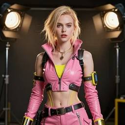 cyberpunk photorealistic character, tech wear outfit, wearables, actor, dramatic arts, theater, gorgeous, similar to young nicole kidman, pink and yellow, edgy, piercing, awe inspiring, artstation hd, 8 k, detailed, intricate, ornate, studio lights, golden ratio, masterpiece