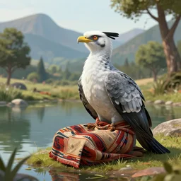 prompt beautiful harpy, wearing inka clothes, sitting at a pond, mountainous area, trees in the background, digital art
