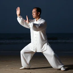 tai chi master performing tai chi form in white underwear, nervous look, dramatic lighting, on the seashore