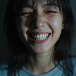 a smiling woman with way, way too many teeth. 3 5 mm f / 2. 8, moody lighting.