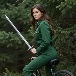 a young woman with long brown hair, wearing a green uniform, riding through evergreen forest, with saber at hand