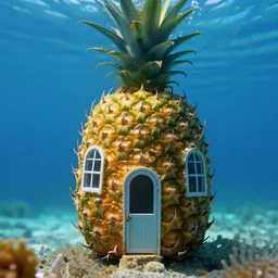 an underwater pineapple, with windows and a door