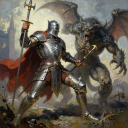 a detailed and vibrant painting inspired by beksinski and frank frazetta of a powerful paladin fighting a monster