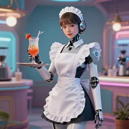 retrofuturistic, futuristic style, robot maid serving a drink