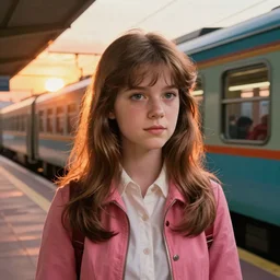 portrait of a lone girl waiting for the train, 70s, defined facial features, stanley kubrick the shinning, vibrant colors americana, cinematic, volumetric lighting, god rays, sunset, realistic, photorealism, highly detailed, digital art, illustration, screenshot from the anime by studio ghibli