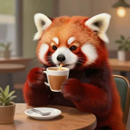 anthropomorphic red panda drinking coffee in a cafe, character art, painting, trending on artstation