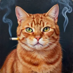 a highly detailed oil painting of a red tabby cat smoking a cigarette, in the style of Memphis,