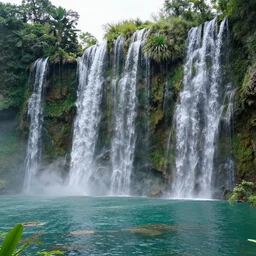 ultrarealistic photo, wallpaper, cosmic alien waterfalls, plants, and lake, insanely detailed and intricate, natural day lighting, pictures of landscapes,