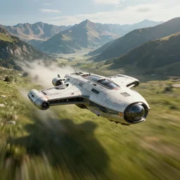 Futuristic spaceship flying on supersonic speed above grassy valley with gorgeous mountain range in the background, overhead view, cinematic, dramatic volumetric lighting, epic composition, 8K Ultra HD, high detail, Octane render, motion blur