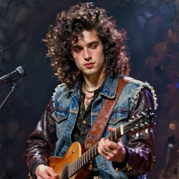 beautiful impasto portrait of a pretty punk rock young man with long curly dark hair and a denim vest over a leather jacket playing guitar, as painted by winslow henry and rembrandt