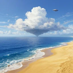 beautiful matte painting of golden shores of a blue dreamy ocean, heavenly island in the clouds floating above the ocean, spaceship flying by, sci - fi, daylight, blue sky, cinematic lighting, cinematic perspective, syd mead, john harris, federico pelat