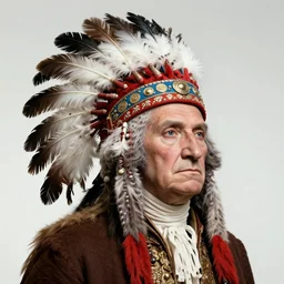 fantasy art hyper photorealistic ai created interesting bizarre george washington wearing a feathered indian war bonnet art award winning best ultra detailed magnificent