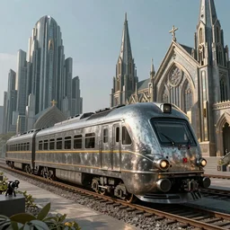 hybrid of streamline steel retro train and cathedral gothic church, Art Deco style, warhammer 40k spaceship style, octane render, 8k, artstation