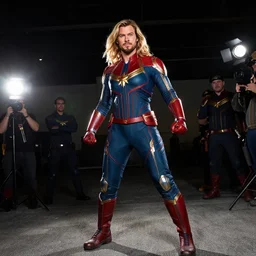 chris hemsworth cosplaying as captain marvel, dragoncon, flash photography, wide angle