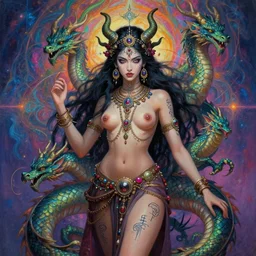 sublimely mystically attractive hindu cyberpunk chaos deity female barely clothed future space pirate kali goddess. dragon born assassins of the mystic unity, future jewelry, little clothing, alien glyph tattoo, hindu piercings, psychedelic fractal background, illustrative character design, concept art, tales of earthsea, sky witch, colorful, matte painting, soft illumination, painting by gaston bussiere, craig mullins, j. c. leyendecker, tom of finland