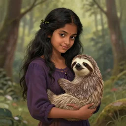 a cottagecore beautiful young indian witch holding a cute sloth, highly detailed, masterpiece, illustrated, art by rebecca guay