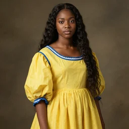 a beautiful african girl she is wearing a yellow dress with blue trim she has long hair artemisia gentileschi