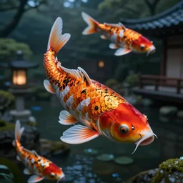 giant koi fish flying through japanese garden, dim volumetric lighting, 8 k octane render, hdr, postprocessing, hyperdetailed, intricate, epic composition, cinematic lighting, masterpiece, trending on artstation, stunning art by anders zorn, extraordinary artwork by greg rutkowski