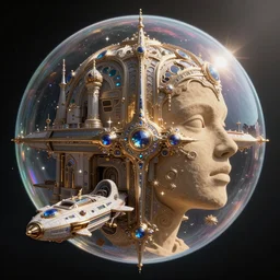 space ship, half soap bubble mind, half symetrical highly detailed ornate with jewels and precious metals futuristic, half sandman kingdom, half kingdom of dreams, space ships, hiperrealistc, global illumination, radiant light, art by ralph horsley