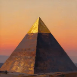 Trending on artstation, beautiful pyramid with golden tip illuminated by the sunset, detailed matte painting, oil on canvas