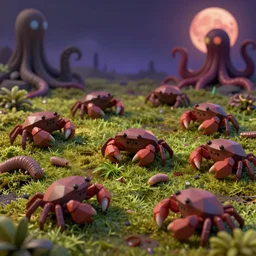 large group of crabs and worms, crawling along a bed of moss, low poly, creeper world, handcrafted, artstation, hyperrealistic, hard light, best practices, creeptastic, photorealism, macro perspective, cuddly, Voidless of the Festival!, The Graveyard!!, Blood moon tentacles, outsider art!!!, The ego separates by Wojciech Siudmak!!!!