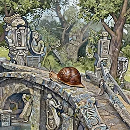 a snail on an old stone bridge with sculptures, trees in the background, art by James Jean and Wayne Barlowe, high detail, cinematic, cgsociety 8k