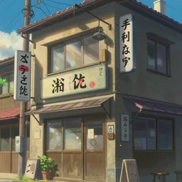 a building with a bunch of signs on it, a screenshot by Makoto Shinkai