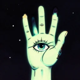 a spooky ethereal glowing hand with a beautiful eye in its palm, night, psychedelic, bold black lines, flat colors, 1 9 7 0 s poster illustration