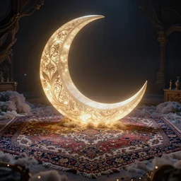 surreal shining crescent in a magic fluffy persian carpet dimension, by greg rutkowski and gaston bussiere, dim lighting, beautiful volumetric - lighting - style atmosphere, surreal atmosphere, intricate, detailed, photorealistic imagery, trending artstation