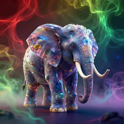 8K UHD Houdini render of crystalpunk mysterywave biocore herbalmancer elephant, background bioluminescent swirling wisps, red yellow green blue smoke gradient palette, volumetric lighting, 18 mm lens